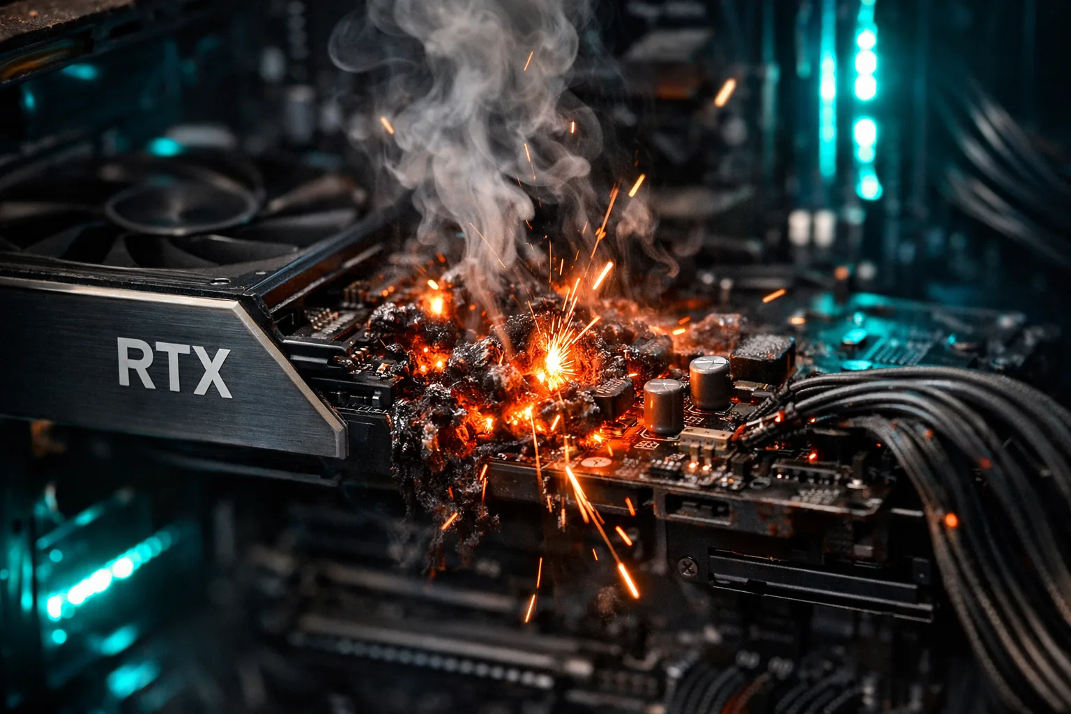Tarjeta gráfica de PC gaming quemada por sobretensión eléctrica.
