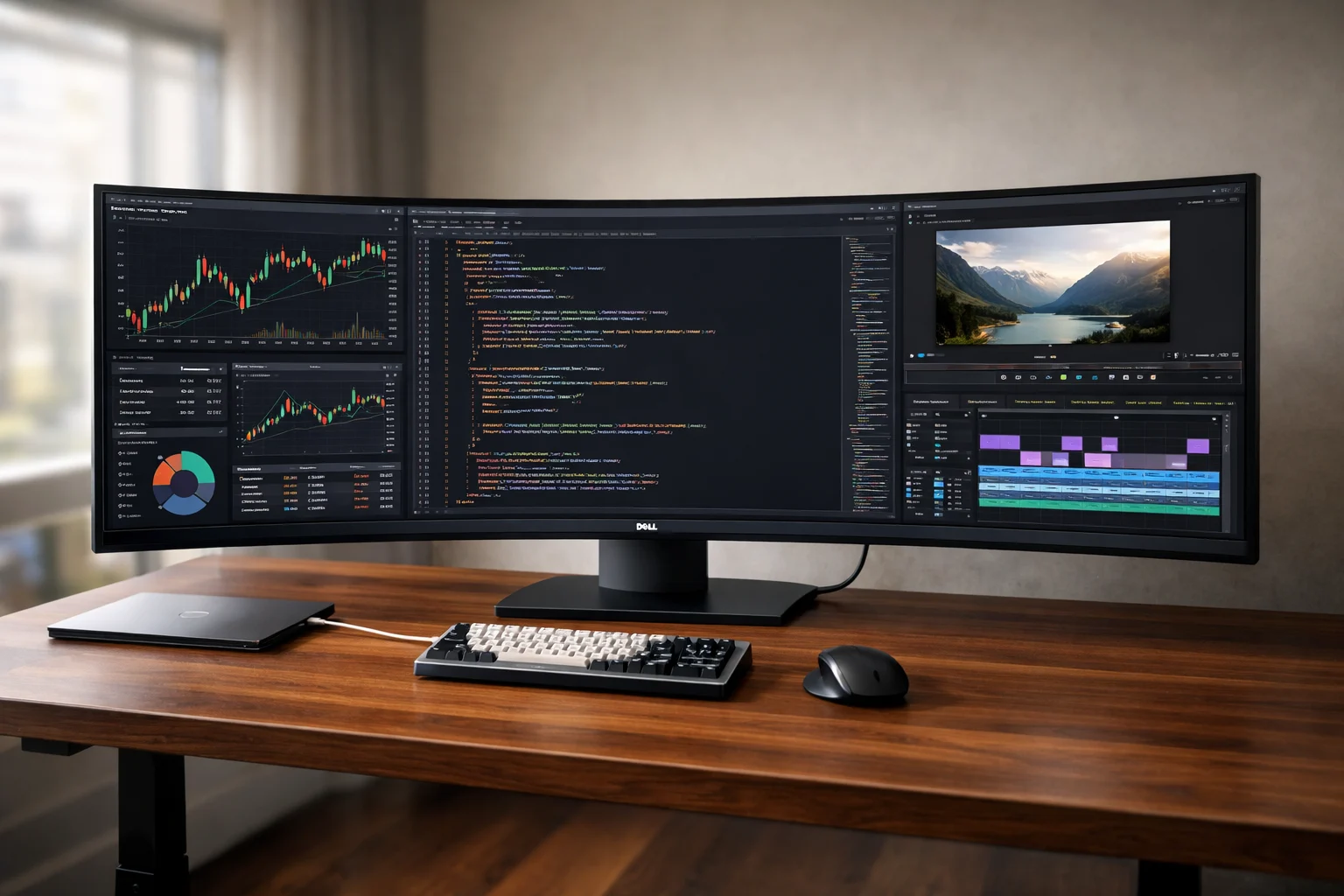 Monitor curvo Dell UltraSharp 52 pulgadas 6K en escritorio minimalista de productividad.