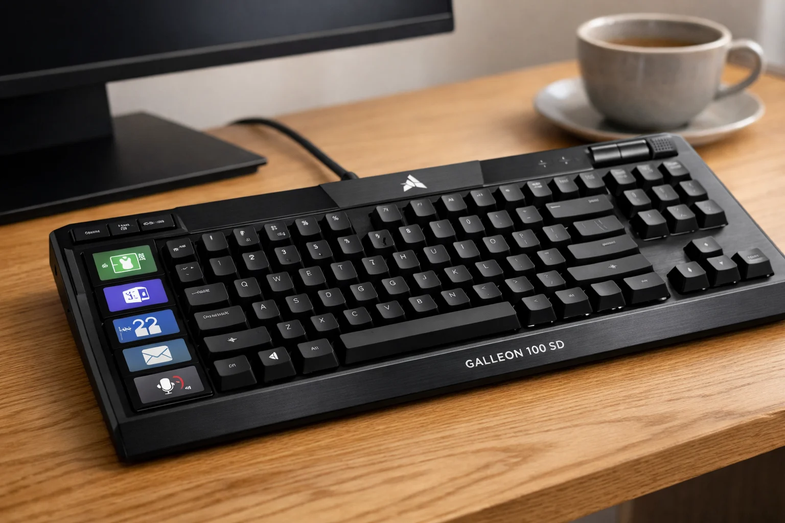 Teclado mecánico Corsair Galleon 100 SD con teclas LCD de productividad en un escritorio de oficina