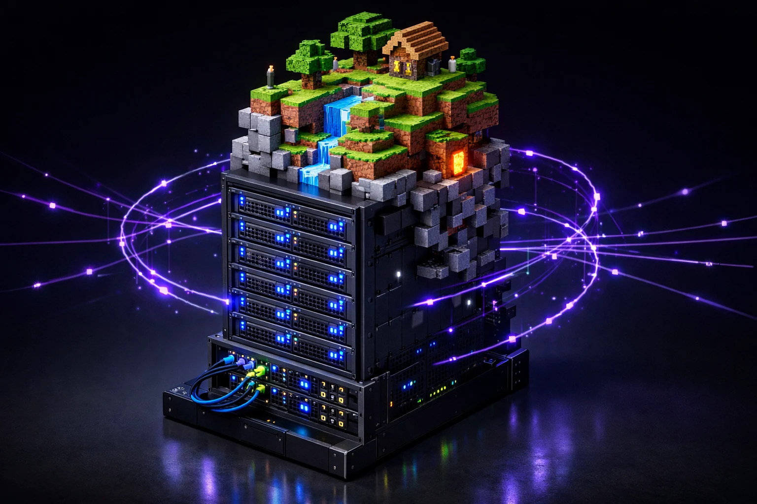 Rack de servidor transformándose digitalmente en bloques de Minecraft para hosting de juegos.