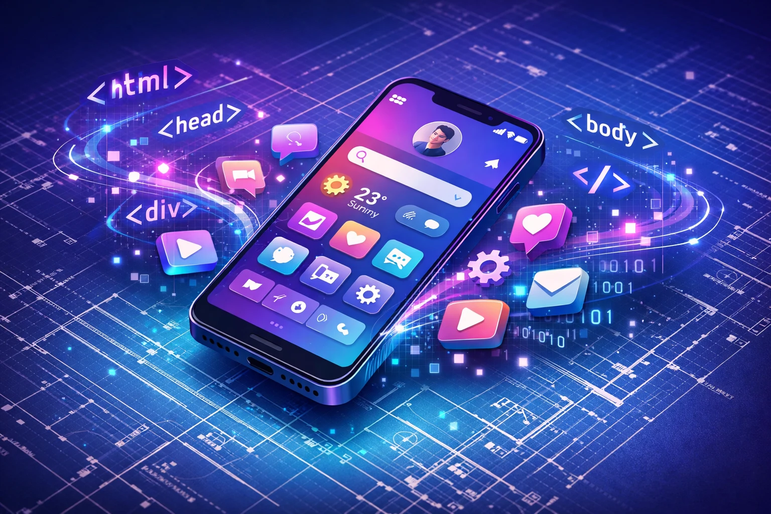 Representación isométrica de una Progressive Web App (PWA) funcionando en un smartphone moderno.