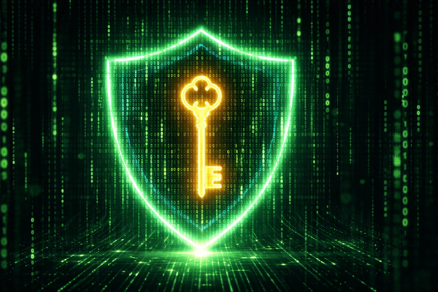 Escudo digital de ciberseguridad protegiendo una llave de acceso, representando la autenticación de dos factores.