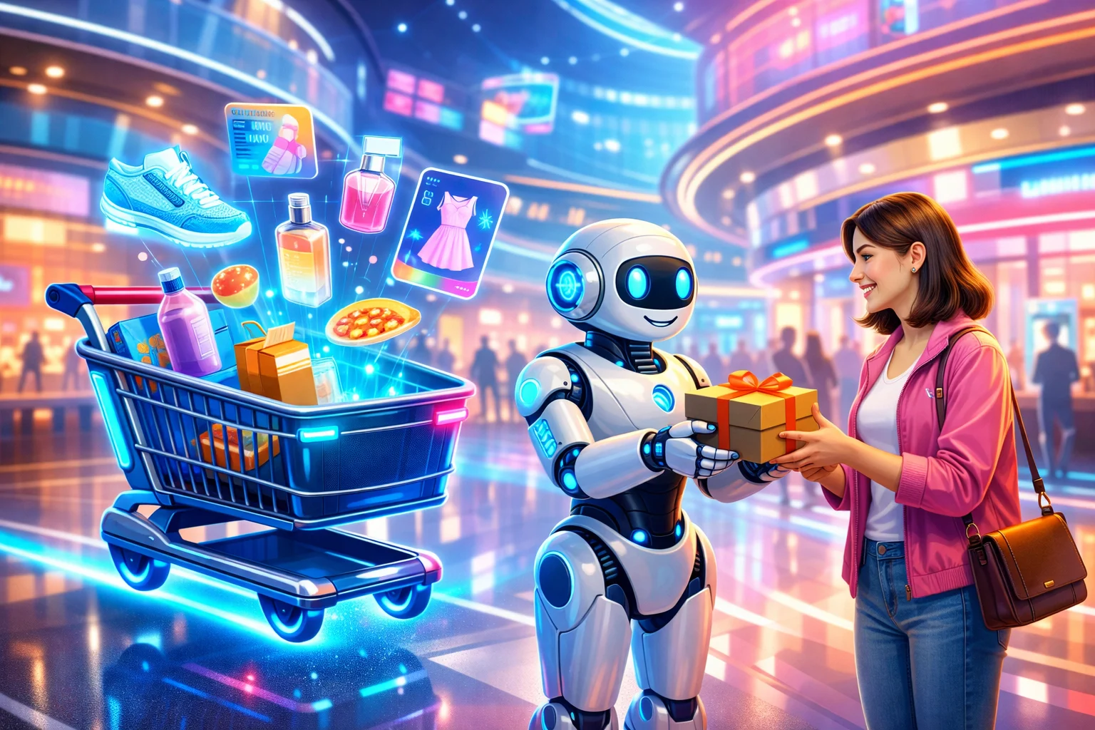 Carrito de compras futurista con productos holográficos e inteligencia artificial aplicada al e-commerce.
