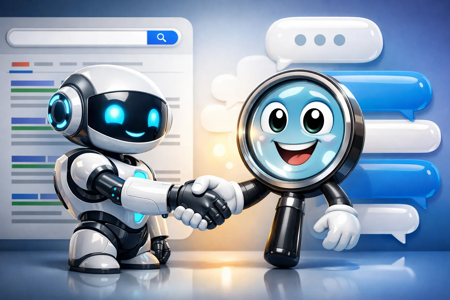 Un robot de inteligencia artificial dándole la mano a una lupa de SEO, simbolizando la nueva era de búsqueda generativa.