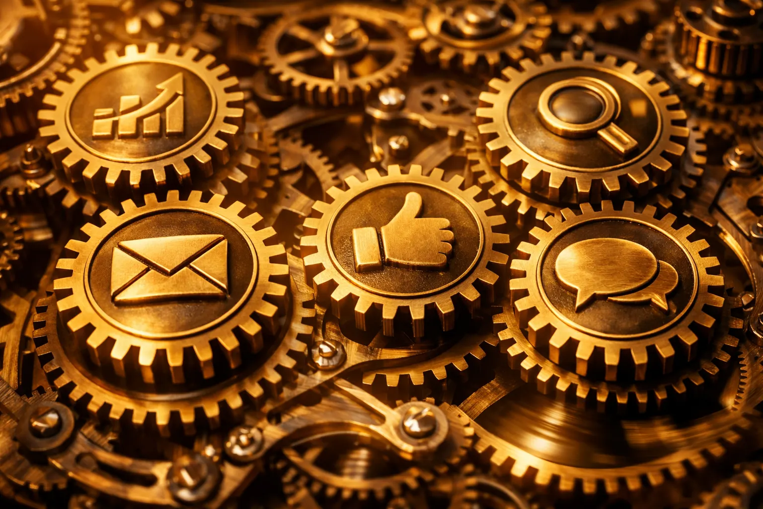 Engranajes dorados funcionando automáticamente, cada uno con iconos de tareas de marketing digital.