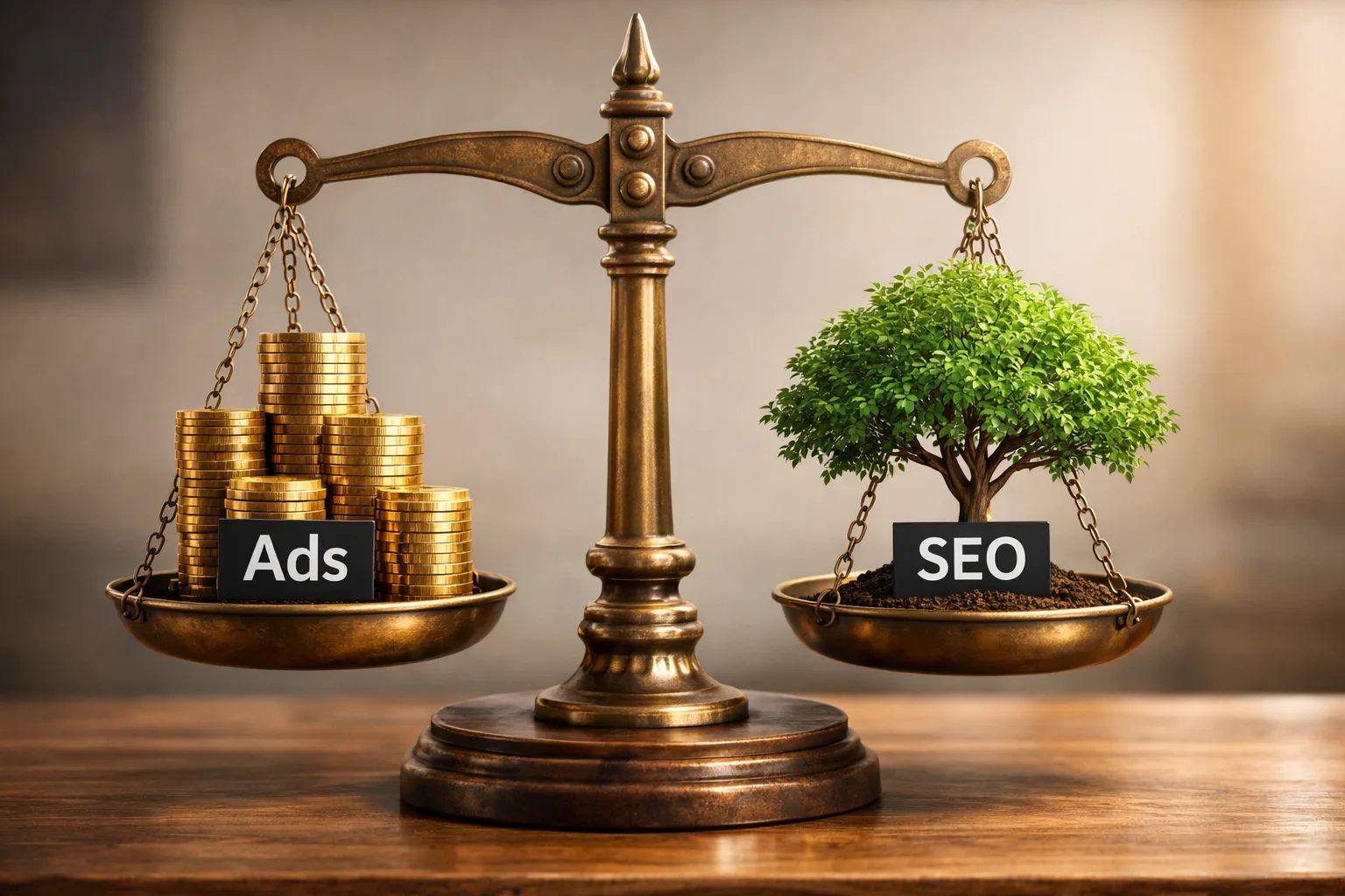 Una balanza equilibrando monedas de oro (Google Ads) y un árbol en crecimiento (SEO Orgánico).