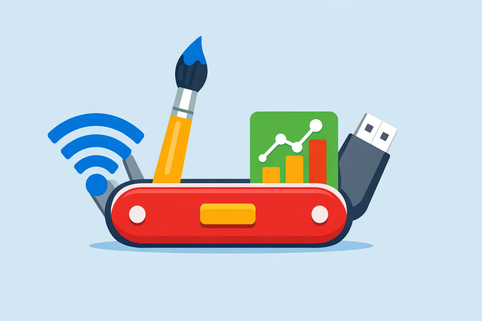 Navaja suiza digital con iconos de herramientas de productividad y gestión empresarial.