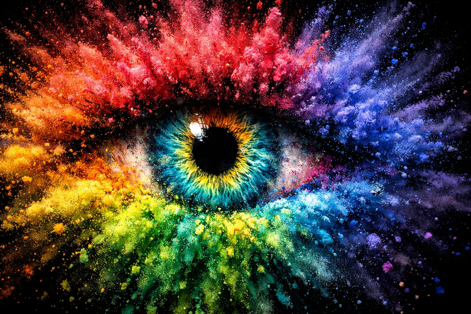Explosión de polvos de colores formando un ojo abstracto, representando la psicología del color.